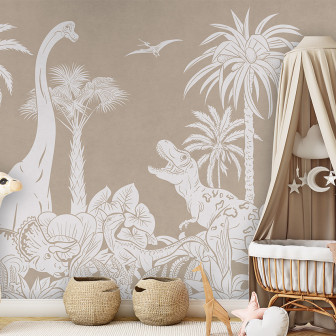 Tapet copii cu dinozauri și palmieri în tonuri monocrome