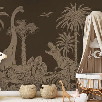 Tapet cu dinozauri vintage, monocrom, pe un fundal maro