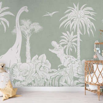 Tapet personalizat cu dinozauri si palmieri, in nuante de verde si alb, pentru camera copiilor.
