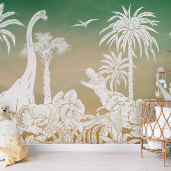 Tapet cu dinozauri albi pe fundal verde și maro