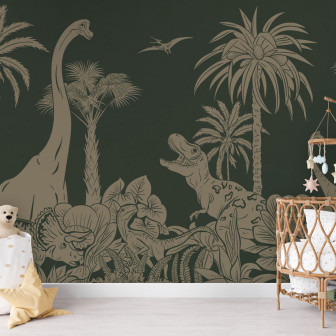 Tapet cu dinozauri și palmieri în nuanțe vintage de verde și maro
