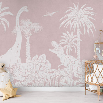 Tapet personalizat Monocrom Dino - Roz, cu design minimalist cu dinozauri albi pe un fundal roz pal, perfect pentru a crea o atmosfera jucausa si relaxantă în camera bebelusului.