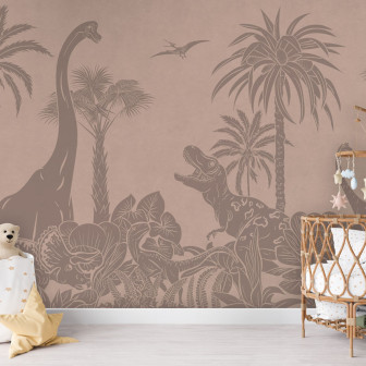 Tapet cu dinozauri roz vintage pe un perete din camera copilului