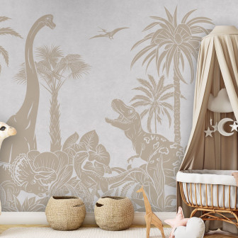 Tapet copii cu dinozauri si palmieri in nuante de gri deschis
