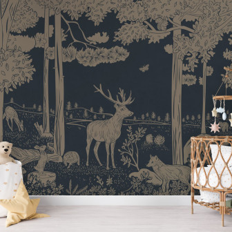 Tapet cu pădure monocromă în nuanțe de albastru vintage