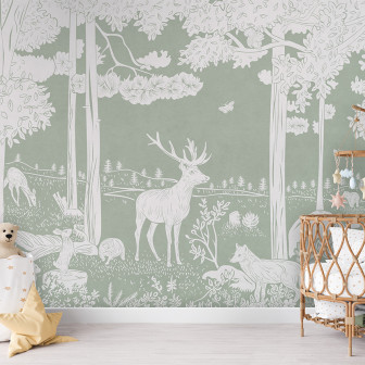 Tapet cu design monocrom al unei păduri, în nuanțe de verde, cu copaci, animale și detalii florale.