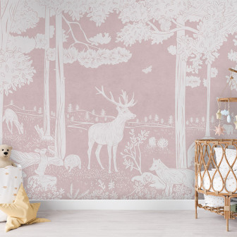 Tapet personalizat Monochrome Forest - Pink cu un design minimalist și elegant cu copaci, animale și flori albe pe un fundal roz pudrat.