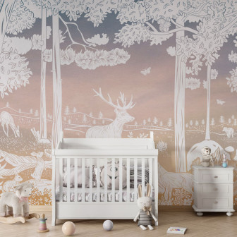 Fototapet cu pădure monocromă și cer roz pentru camera copilului