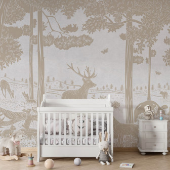 Tapet de perete cu o pădure monocromă, cu nuanțe vintage de alb, ideal pentru dormitoare, sufragerii sau camere pentru copii. Design artistic cu detalii rafinate ale copacilor, animalelor și florilor.