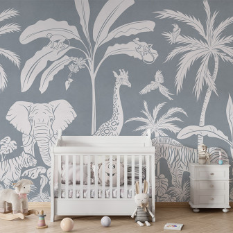 Tapet Monochrome Jungle - Blue cu animale și plante din silueta albă pe un fundal bleu