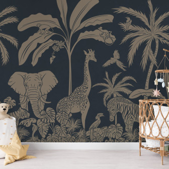 Tapet personalizat Monochrome Jungle - Blue Vintage cu design exotic, ilustrat cu animale sălbatice din junglă pe un fond albastru vintage