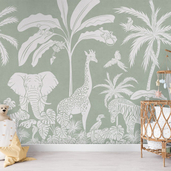 Tapet Monochrome Jungle - Green cu imagini de animale sălbatice, perfect pentru camera copilului