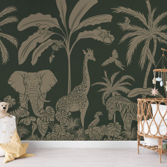 Wallpaper monocrom cu design de junglă, cu animale sălbatice și plante tropicale în nuanțe de verde vintage