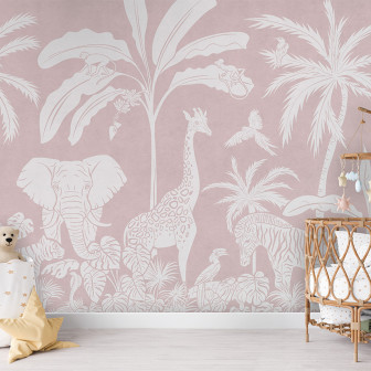 Tapet monocrom cu o junglă roz, cu animale sălbatice albe pe un fundal roz delicat.