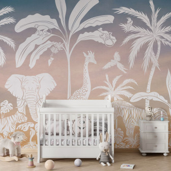 Tapet personalizat Monochrome Jungle - Sky Pink, cu siluete albe de animale sălbatice tropicale pe fundal gradient.