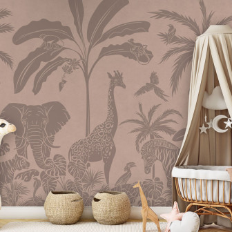 Tapet cu design jungla vintage roz cu girafe, elefanți, zebre și maimuțe