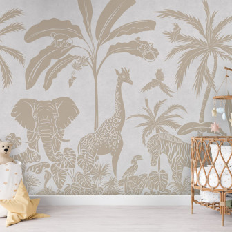 Tapet personalizat cu design monocrom a animalelor din junglă, ideale pentru o atmosfera vintage. Imaginea prezinta elefanti, girafe, zebre, maimute si palmieri.