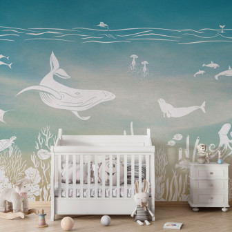 Tapet personalizat cu tematică marină, ce prezintă o balenă, corali, creaturi marine și un fundal în nuanțe de albastru și galben.