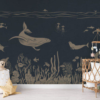 Tapet personalizat Monochrome Sea - Blue Vintage, cu o balenă, corali și pești, pe un fundal albastru