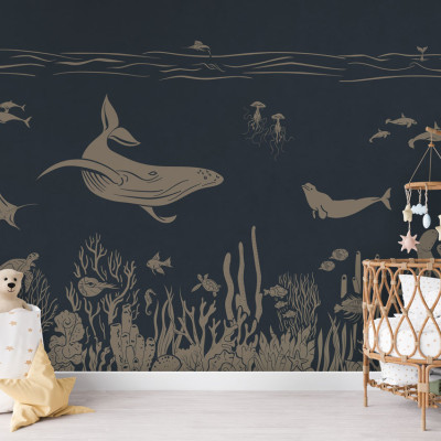 Tapet personalizat Monochrome Sea - Blue Vintage, cu o balenă, corali și pești, pe un fundal albastru