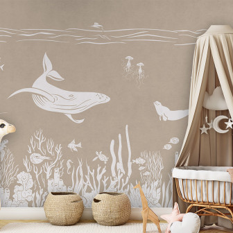 Tapet cu model marin monocrom, cu balenă, corali, pești, în nuanțe de maro și alb