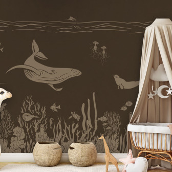 Tapet personalizat cu design monocrom, care prezintă o balenă și un recif de corali, într-o nuanță vintage.