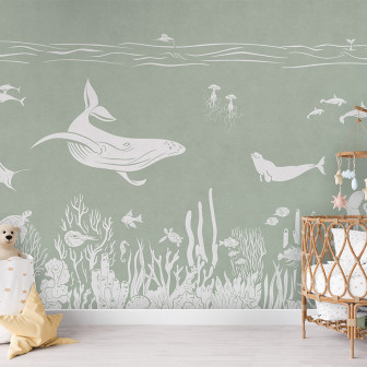 Tapet personalizat cu design marin monocrom, ilustrând o balenă, o focă, pești, corali și alte creaturi marine pe un fundal verde.