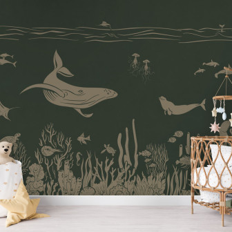 Tapet Monochrome Sea - Green Vintage, cu design marin, o balena inotand printre corali, pesti si meduze