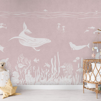 Tapet personalizat cu o temă marină, o balenă și alte creaturi marine pe un fundal roz pal