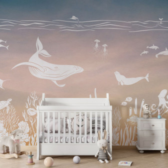 Tapet personalizat cu design marin cu balene, pești, corali și alte creaturi marine.