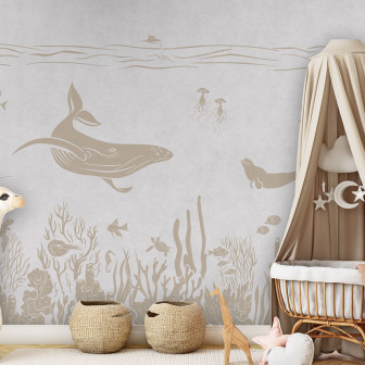 Tapet personalizat Monochrome Sea - White Vintage, cu design monocrom, reprezentând balene, pești, recife de corali și meduze.