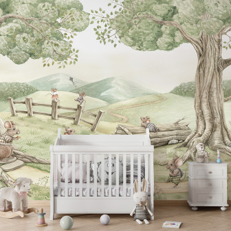 Tapet cu o familie de șoareci drăguți într-un decor natural, perfect pentru o cameră de copii.