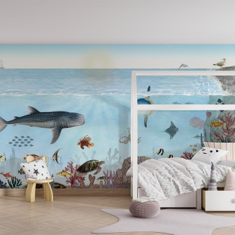 Tapet personalizat Ocean Lookbook, cu o imagine a unui recif de corali vibrant, cu pesti multicolori, rechini si alte vietuitoare marine.