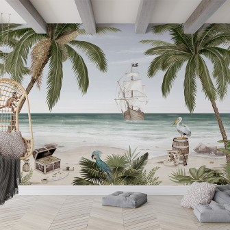 Tapet personalizat cu o scenă tropicală cu palmieri, o navă pirat, un pelican și o comoară pe plajă.