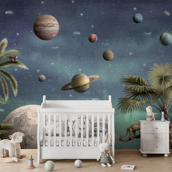 Tapet cu design spațial, Pretty Planets, cu planete colorate, stele, palmieri și leoparzi.