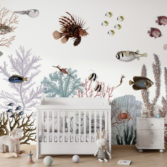 Tapet personalizat cu tematica marina, cu corali, pesti si alte viețuitoare marine.