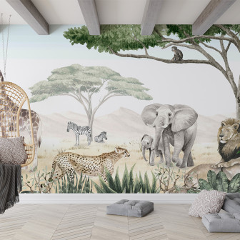 Tapet cu animale din savană, ideal pentru camera copiilor.