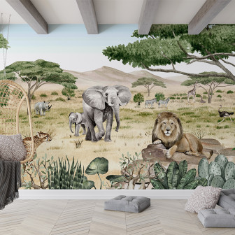 Tapet cu peisaj african, cu elefanți, lei, girafe și alte animale sălbatice.