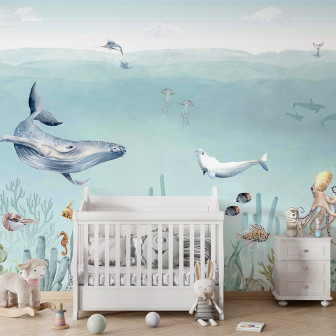 Tapet camera copii cu balenă, delfini, meduze, corali