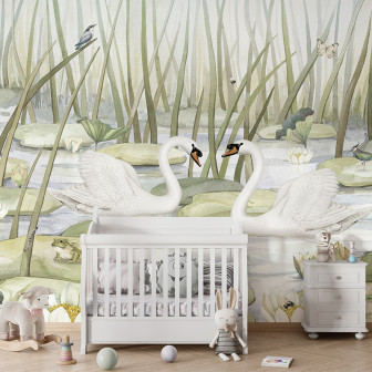 Tapet cu lebede albe și nuferi, pe un fundal delicat.