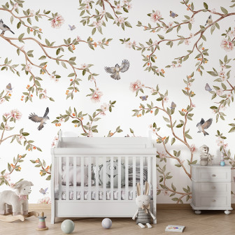 Tapet floral cu flori roz, ramuri delicate si pasarele