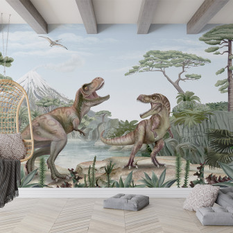 Tapet cu doi dinozauri T-Rex intr-o jungla luxurianta cu un vulcan in fundal