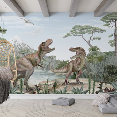 Tapet cu doi dinozauri T-Rex intr-o jungla luxurianta cu un vulcan in fundal