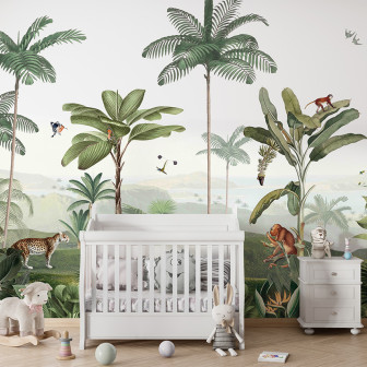 Tapet tropical cu palmieri, maimuțe și păsări