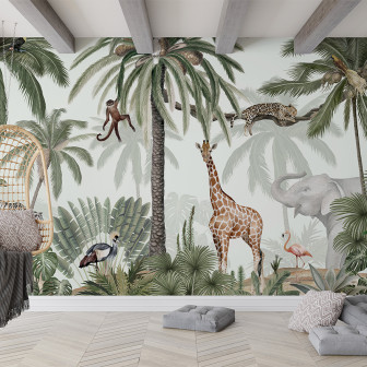 Tapet tropical cu palmieri, maimuțe, un leopard, o girafa și un elefant.