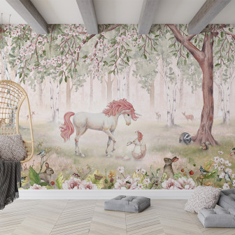 Tapet cu unicorn roz in padurea cu flori roz