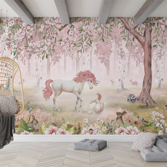 Tapet personalizat Pădurea Unicornilor - Roz, cu un unicorn roz adorabil într-o pădure fermecată.