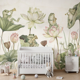 Tapet personalizat cu broaște muziciene înconjurate de flori de lotus.