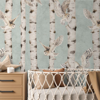 Tapet personalizat cu mesteceni și bufnițe în camera copilului