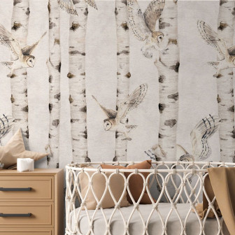 Tapet cu mesteacăn și bufnițe pentru camera copiilor